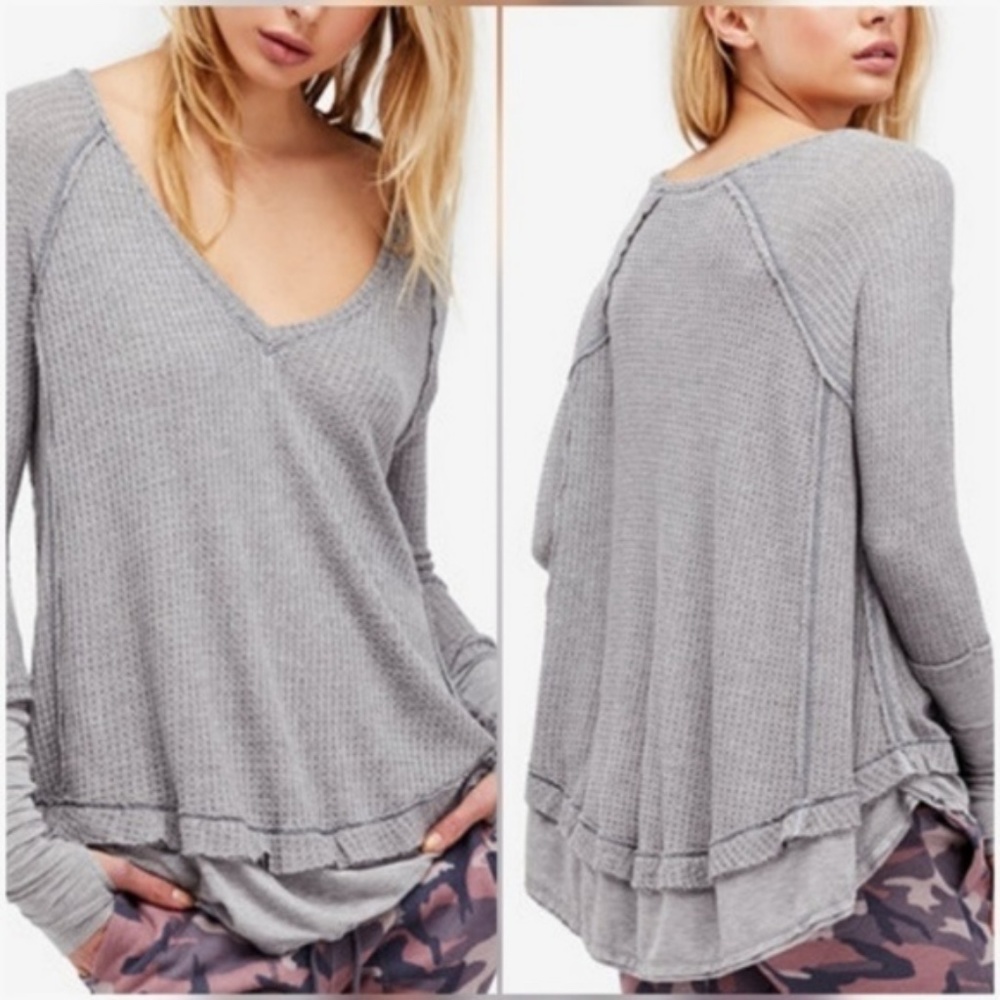 We The Free Gray Oversized Waffle Long Sleeve Size Small